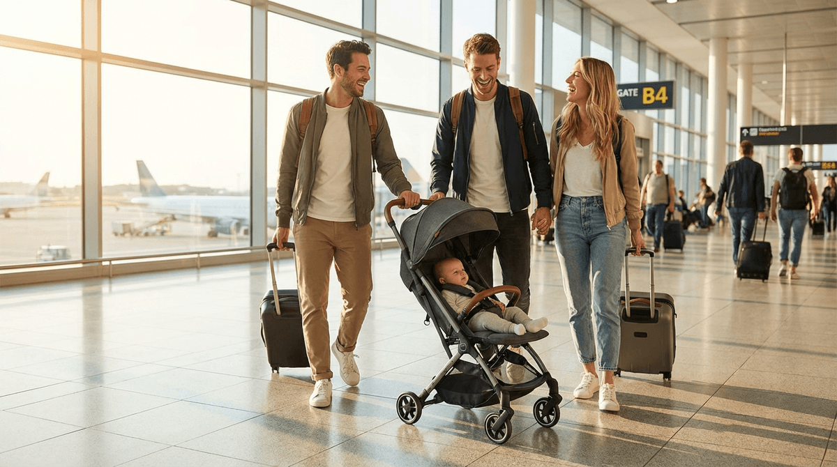 Family traveling with compact travel stroller at airport